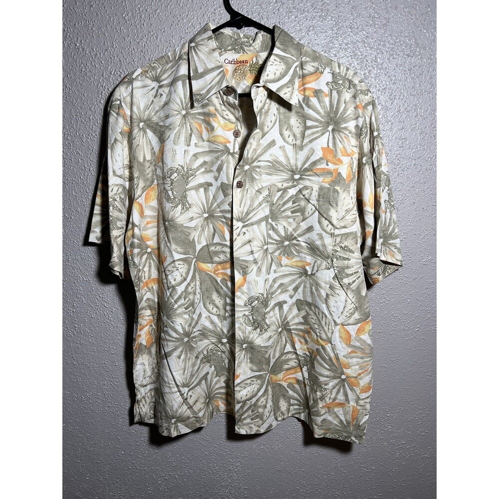 Caribbean Shirt Leaf Floral Beige Multi Collared Short Sleeve Button Size L